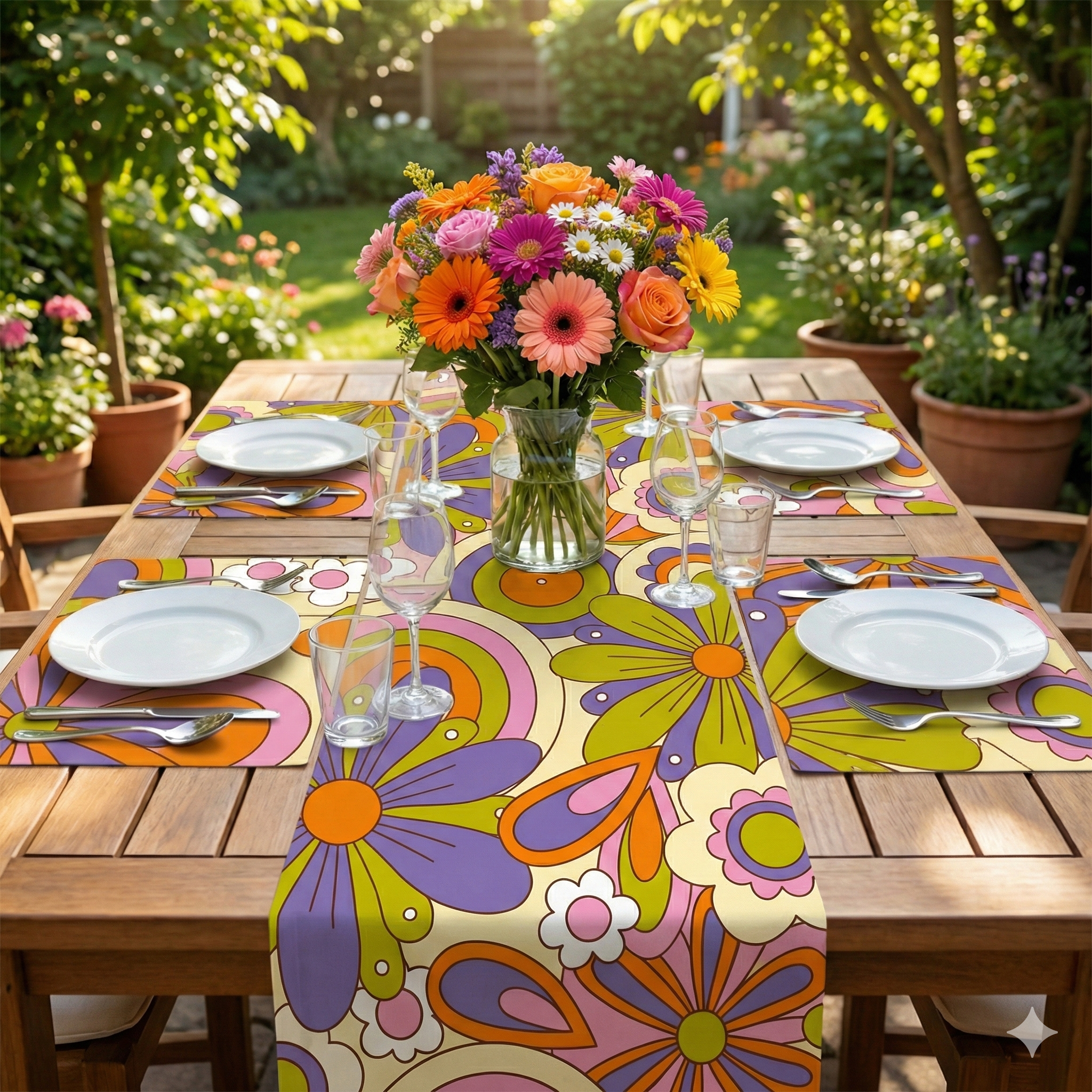 סט ראנר ופלייסמטים ויניל רטרו - דגם פריחת הפיקה