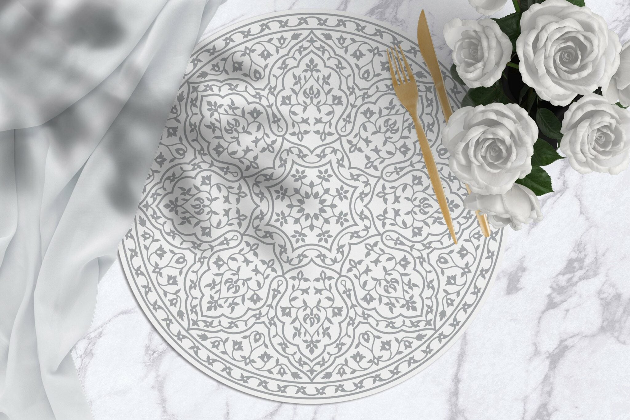 פלייסמט ויניל - עגול מנדלה אפורה